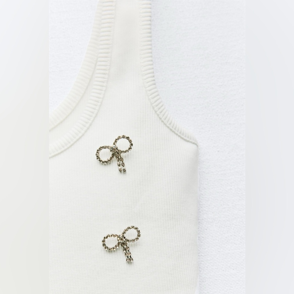 NWT ZARA Ribbed Tank With Rhinestone Bows - Picture 5 of 12